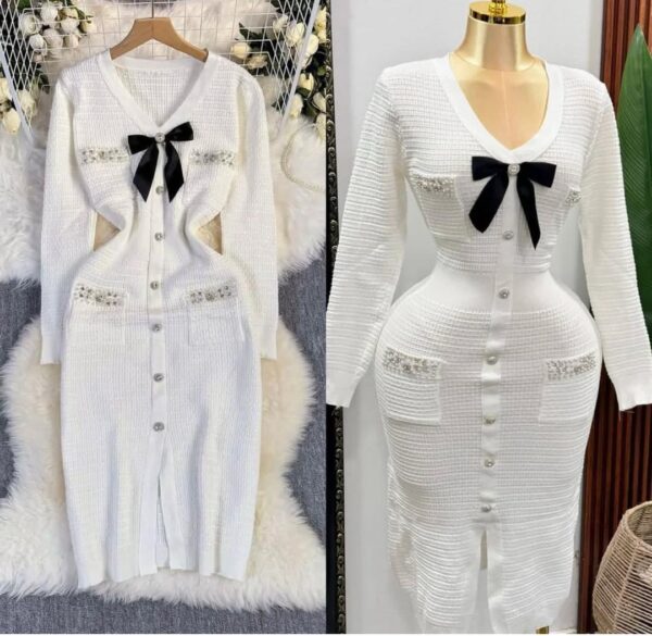 Robe Élégance Chic en Tricot avec Nœud Satiné et Détails Perlés - Mango_store (Bukavu)